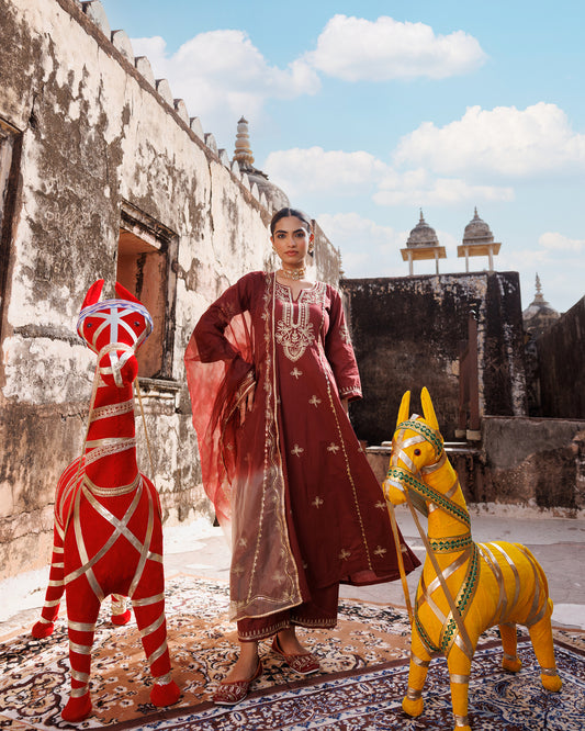 Maroon Cotton Anarkali Set With Dual-Shaded Dupatta