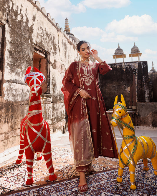 Maroon Cotton Anarkali Set With Dual-Shaded Dupatta