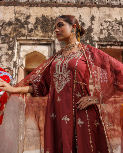 Maroon Cotton Anarkali Set With Dual-Shaded Dupatta