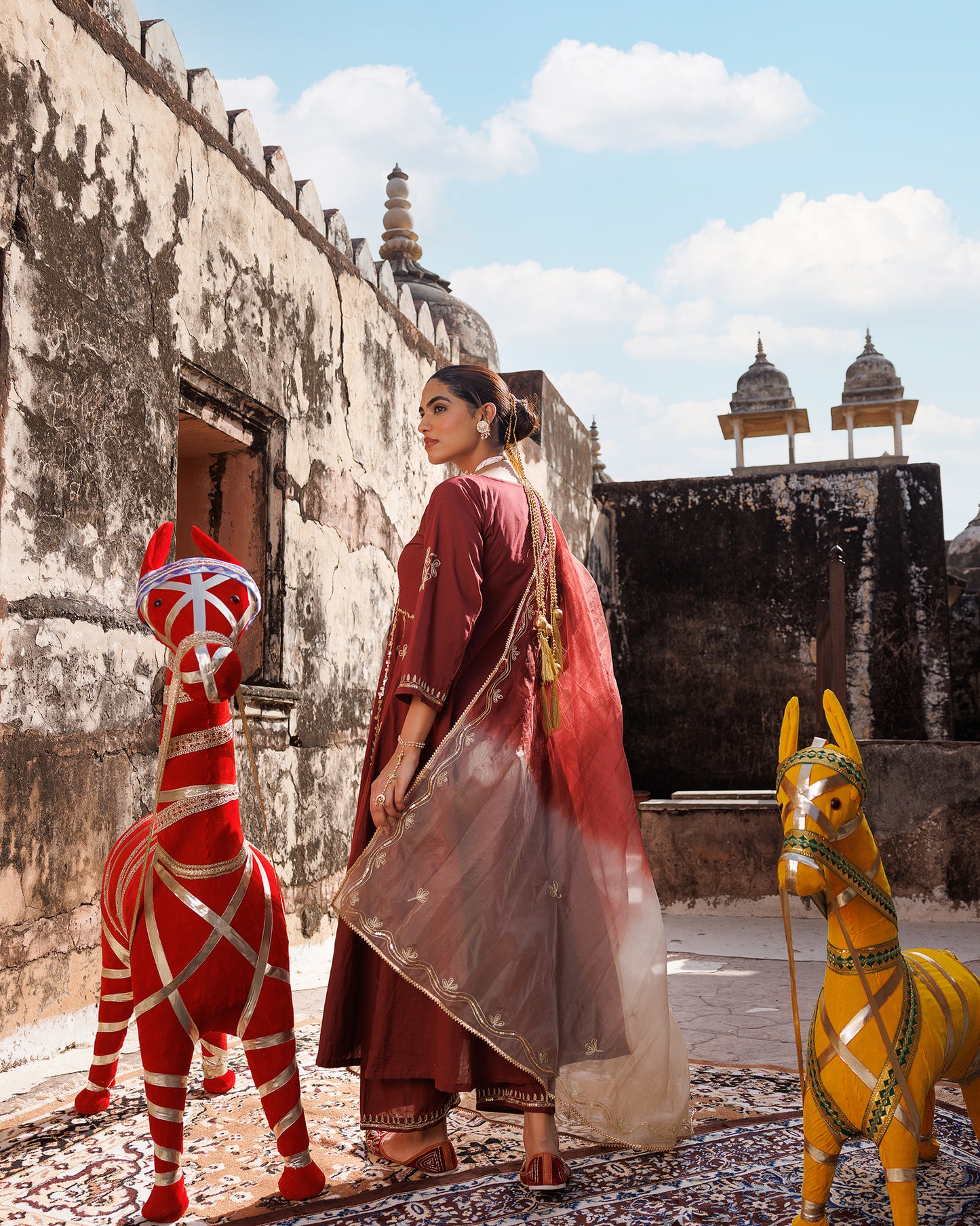 Maroon Cotton Anarkali Set With Dual-Shaded Dupatta