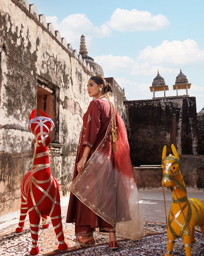Maroon Cotton Anarkali Set With Dual-Shaded Dupatta