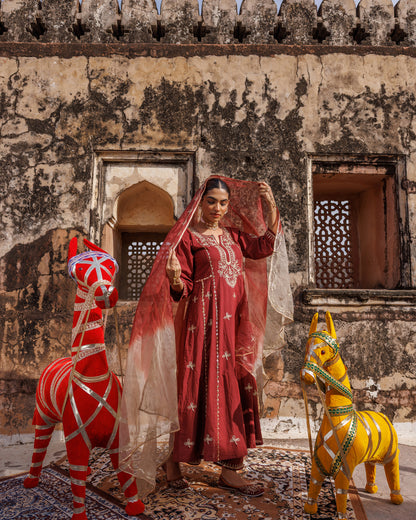 Maroon Cotton Anarkali Set With Dual-Shaded Dupatta