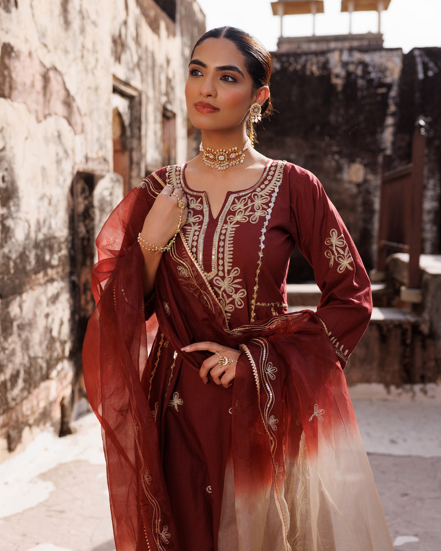 Maroon Cotton Anarkali Set With Dual-Shaded Dupatta