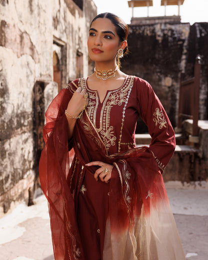 Maroon Cotton Anarkali Set With Dual-Shaded Dupatta