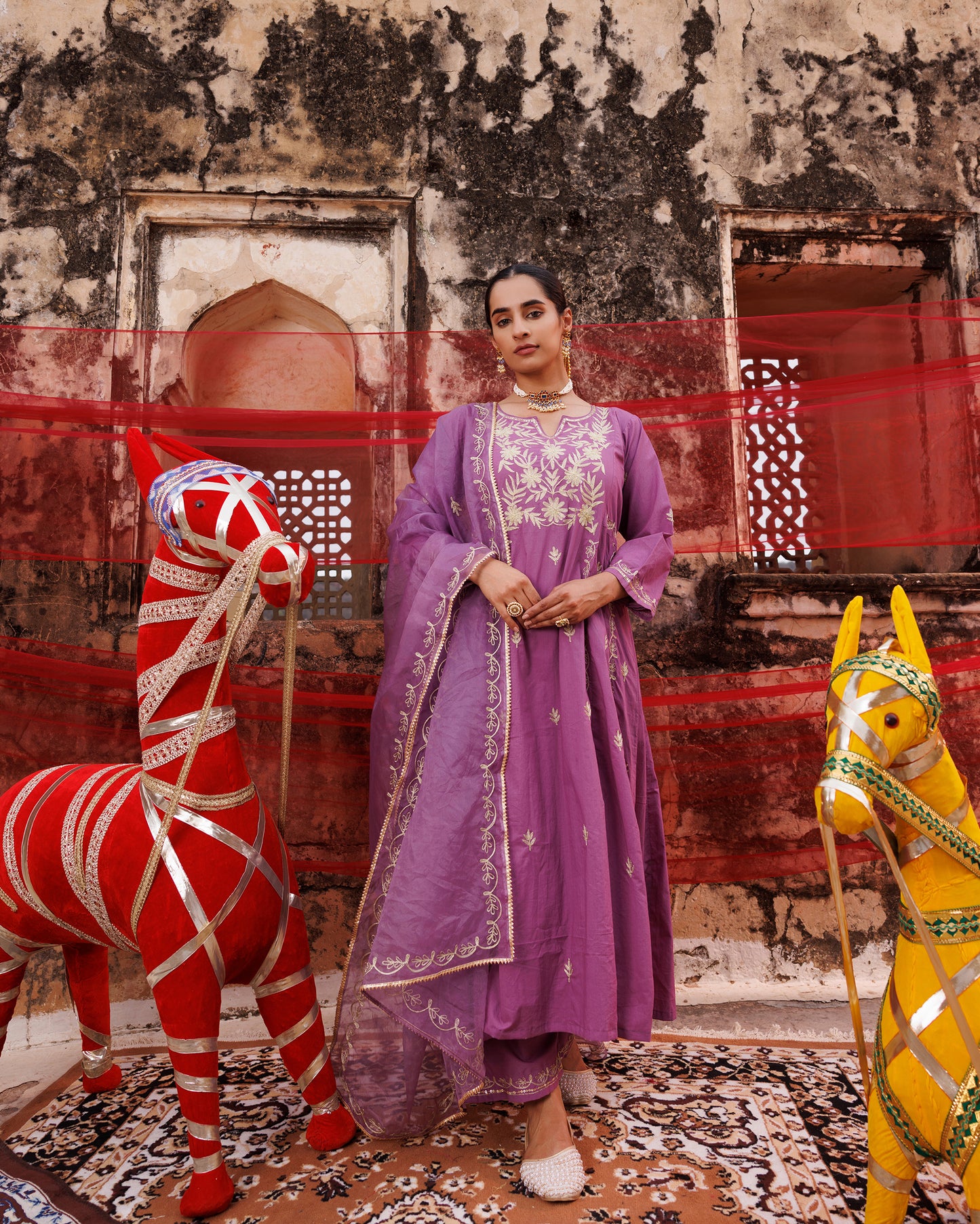 Lavender Cotton Aari -Taari Embroidered Anarkali Set