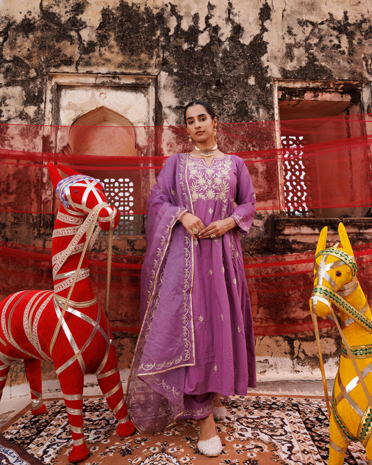 Lavender Cotton Aari -Taari Embroidered Anarkali Set