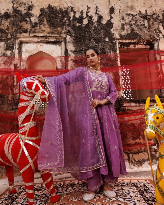 Lavender Cotton Aari -Taari Embroidered Anarkali Set
