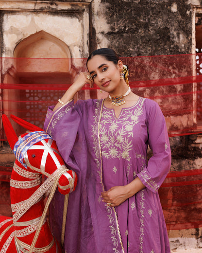 Lavender Cotton Aari -Taari Embroidered Anarkali Set