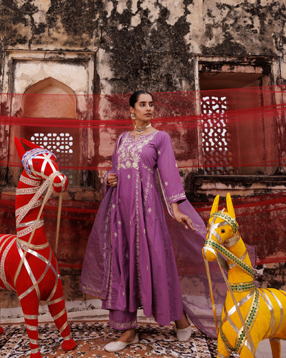 Lavender Cotton Aari -Taari Embroidered Anarkali Set