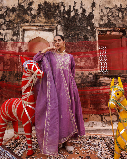 Lavender Cotton Aari -Taari Embroidered Anarkali Set