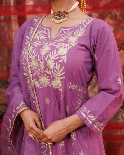 Lavender Cotton Aari -Taari Embroidered Anarkali Set