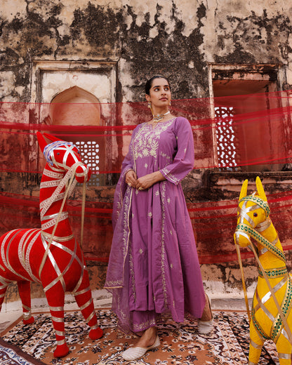 Lavender Cotton Aari -Taari Embroidered Anarkali Set