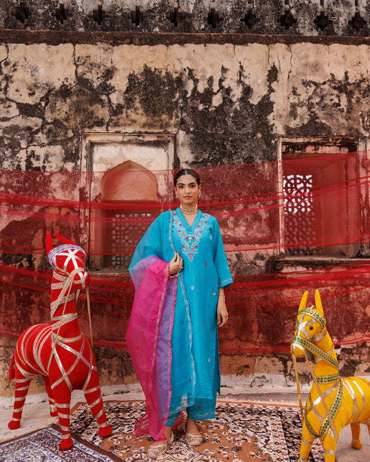 Teal Blue Chanderi Kurta Set with Dual Shade Dupatta.