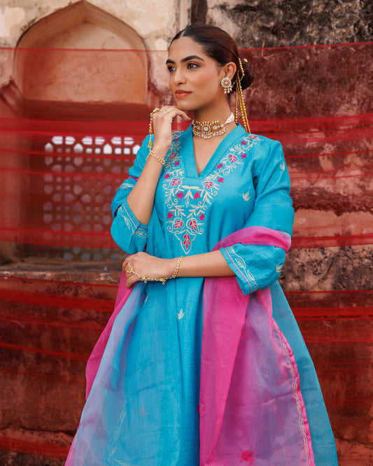 Teal Blue Chanderi Kurta Set with Dual Shade Dupatta.