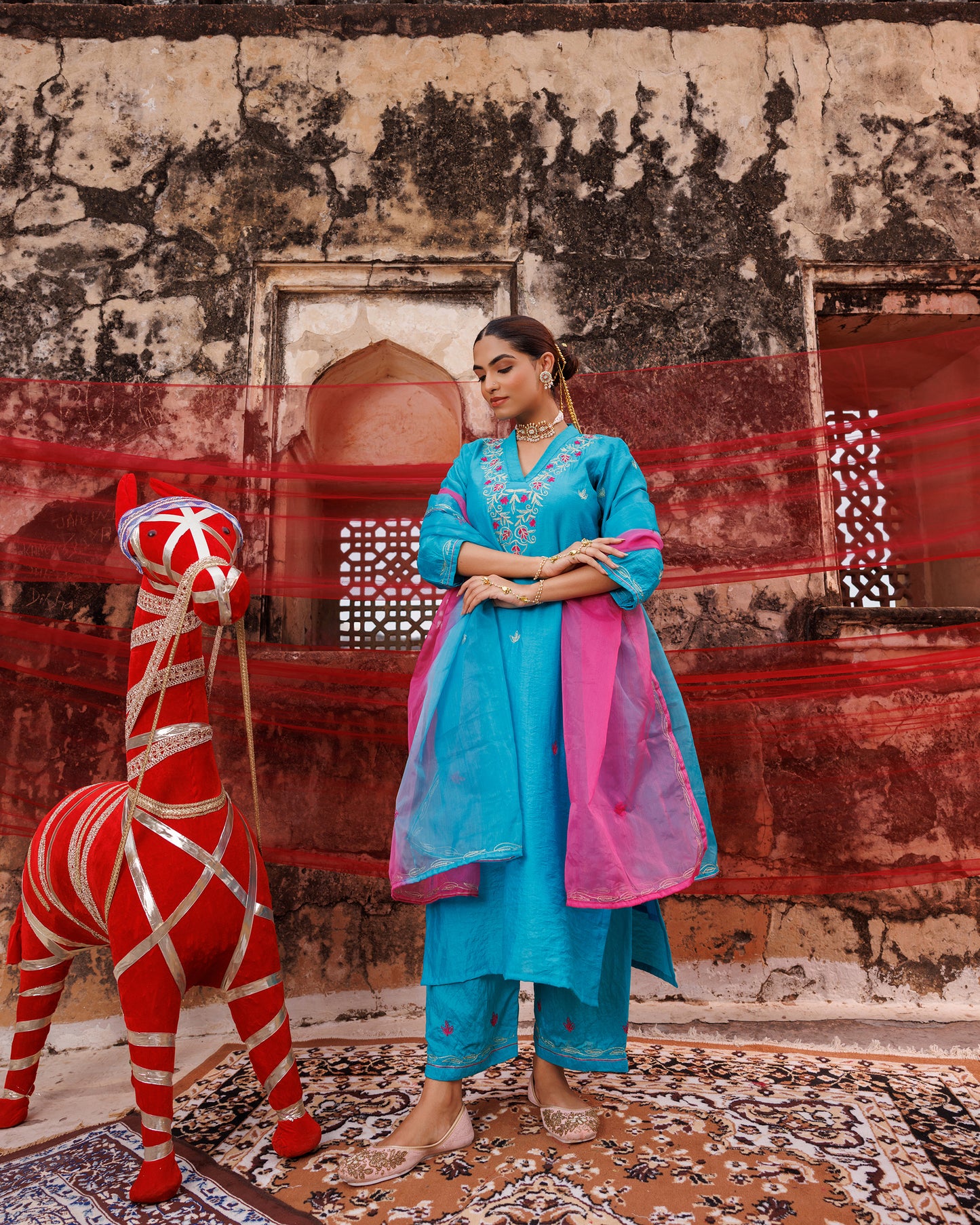 Teal Blue Chanderi Kurta Set with Dual Shade Dupatta.