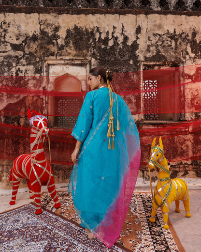 Teal Blue Chanderi Kurta Set with Dual Shade Dupatta.