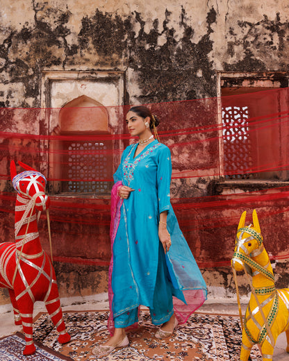 Teal Blue Chanderi Kurta Set with Dual Shade Dupatta.