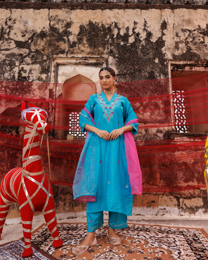 Teal Blue Chanderi Kurta Set with Dual Shade Dupatta.