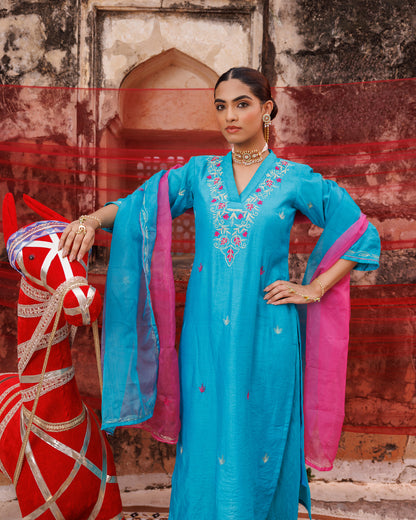 Teal Blue Chanderi Kurta Set with Dual Shade Dupatta.