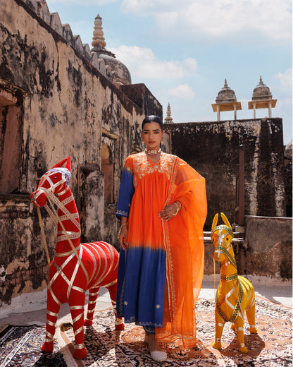 Orange Hand Dyed, Dual-Shaded Chanderi  Kurta Set
