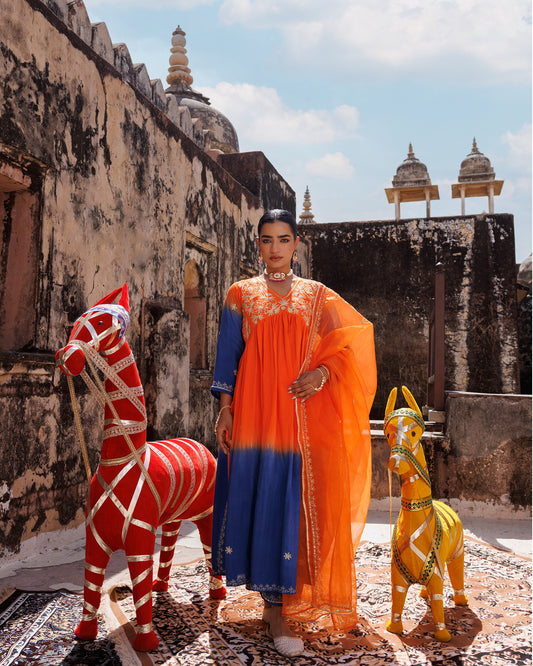 Orange Hand Dyed, Dual-Shaded Chanderi  Kurta Set