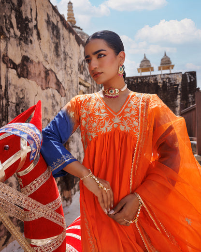 Orange Hand Dyed, Dual-Shaded Chanderi  Kurta Set