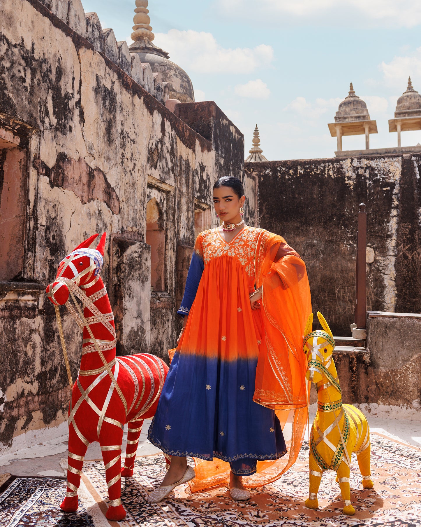 Orange Hand Dyed, Dual-Shaded Chanderi  Kurta Set