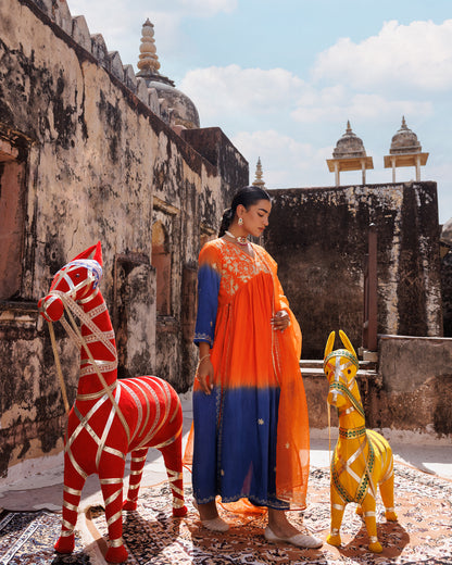 Orange Hand Dyed, Dual-Shaded Chanderi  Kurta Set