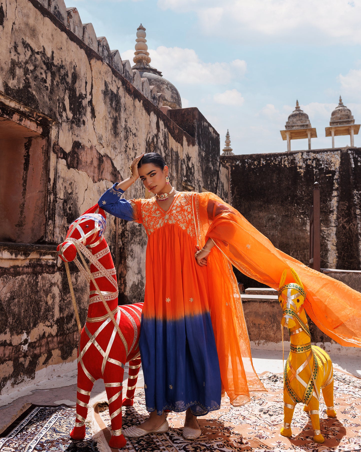 Orange Hand Dyed, Dual-Shaded Chanderi  Kurta Set