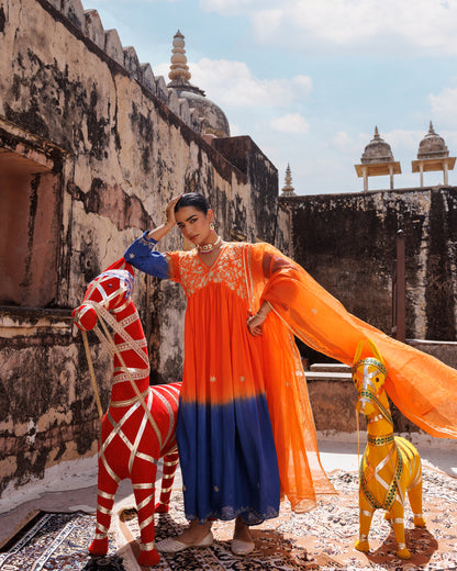 Orange Hand Dyed, Dual-Shaded Chanderi  Kurta Set