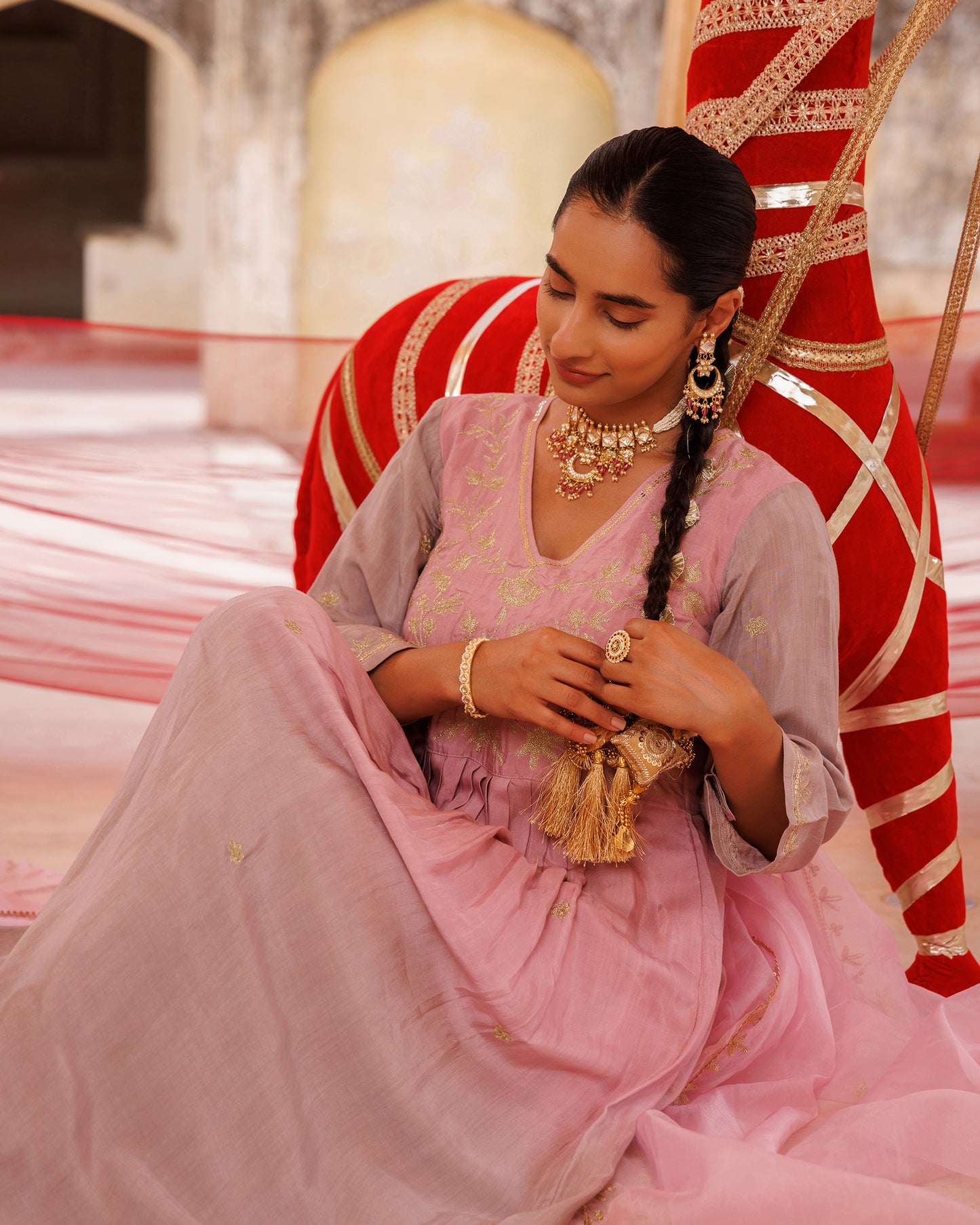 Hand Dyed, Dual-Shaded Pink Chanderi Kurta Set