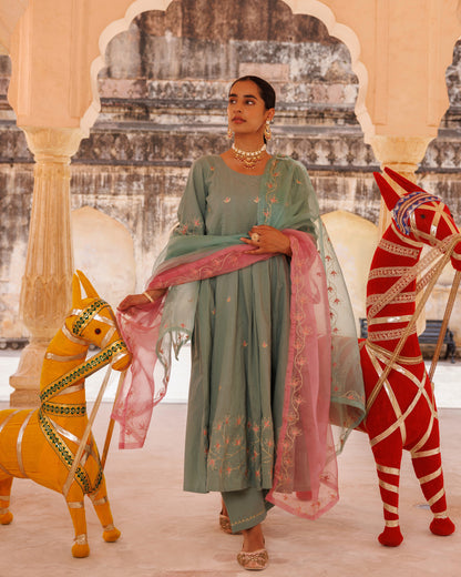Sage Green Cotton Anarkali With Dual-Shaded Dupatta