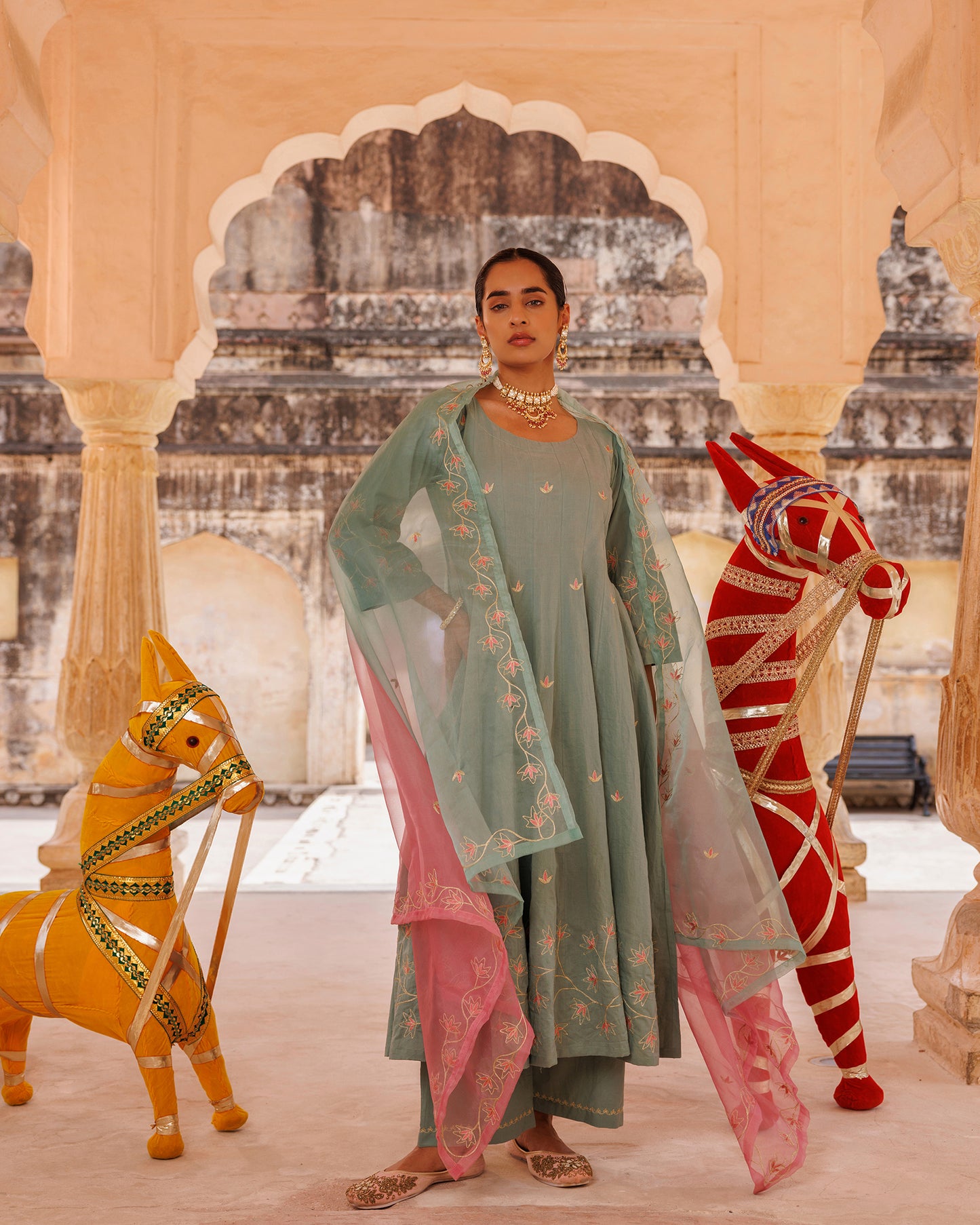 Sage Green Cotton Anarkali With Dual-Shaded Dupatta