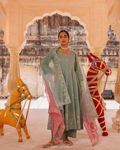 Sage Green Cotton Anarkali With Dual-Shaded Dupatta