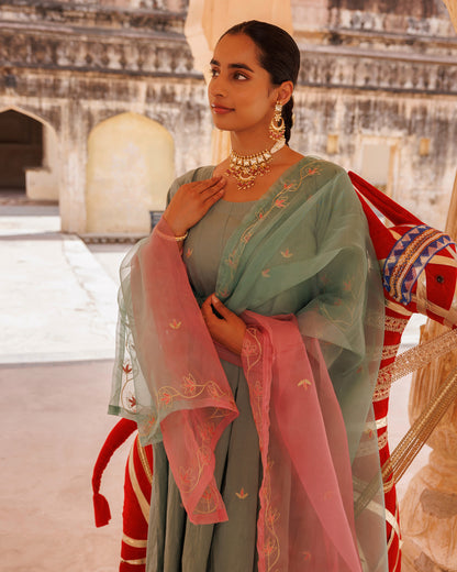 Sage Green Cotton Anarkali With Dual-Shaded Dupatta