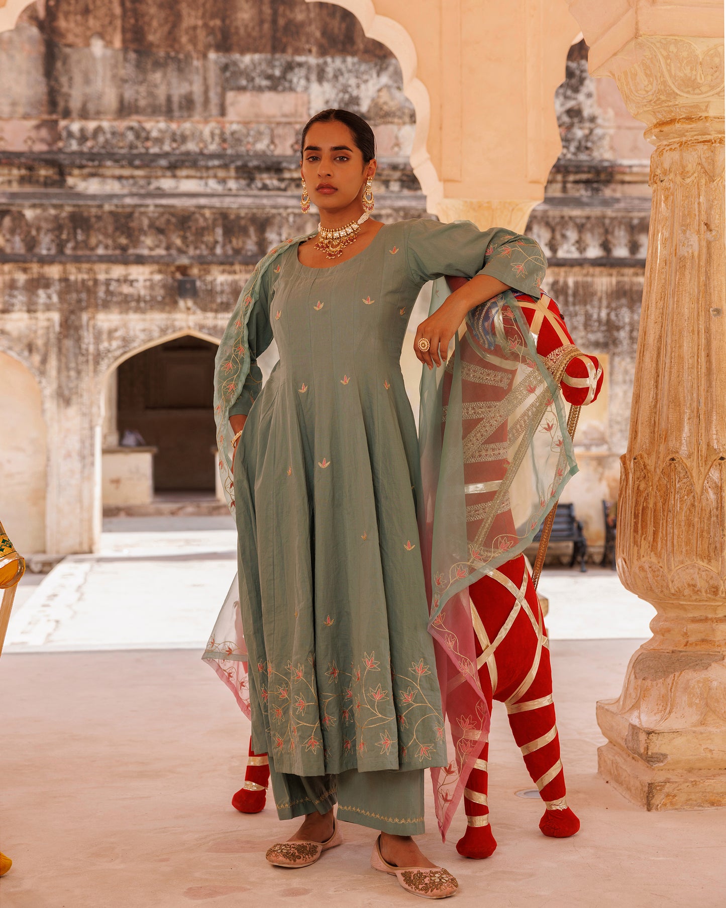 Sage Green Cotton Anarkali With Dual-Shaded Dupatta