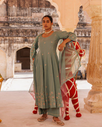 Sage Green Cotton Anarkali With Dual-Shaded Dupatta