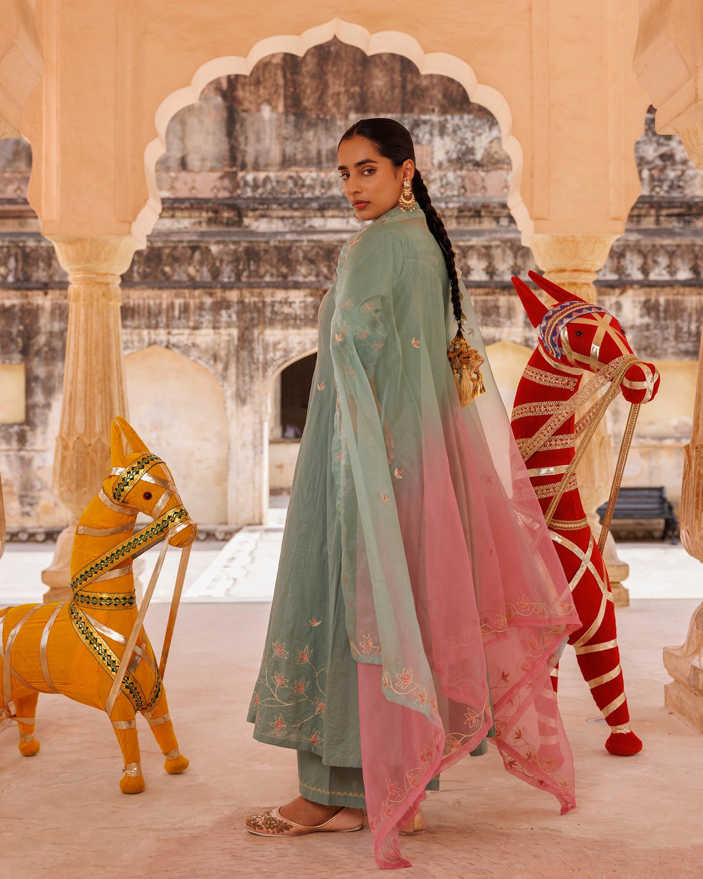 Sage Green Cotton Anarkali With Dual-Shaded Dupatta