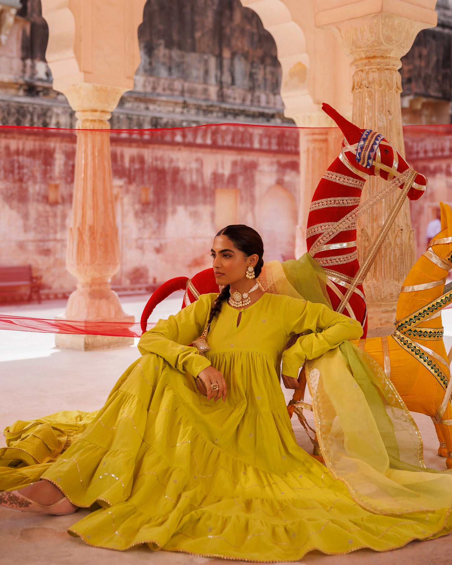 Green, Tiered Anarkali With Aari Taari Embroidery