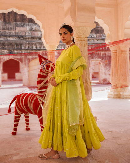 Green, Tiered Anarkali With Aari Taari Embroidery
