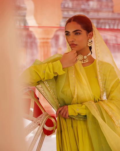 Green, Tiered Anarkali With Aari Taari Embroidery