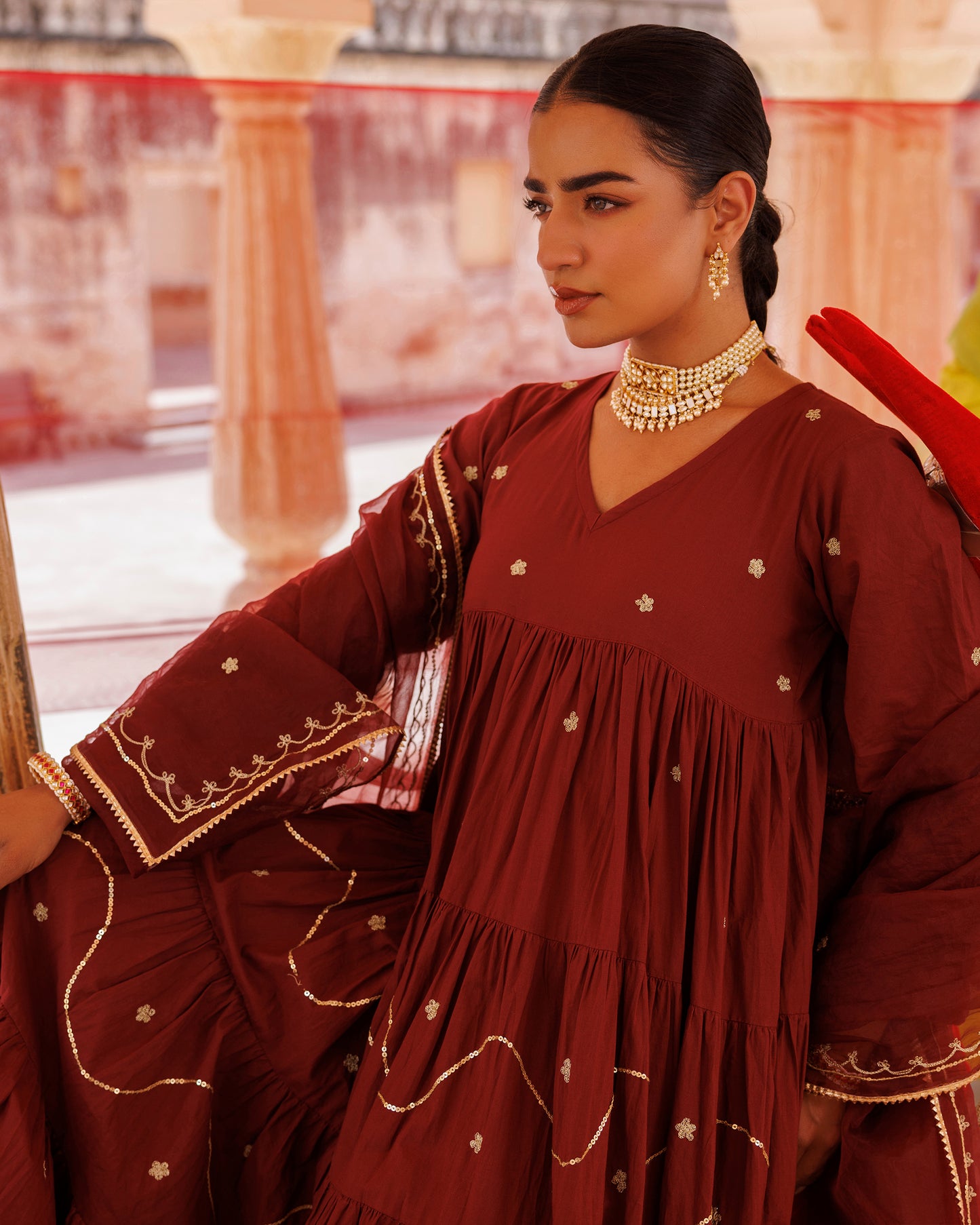Maroon Tiered Anarkali With Aari Tari Embroidery