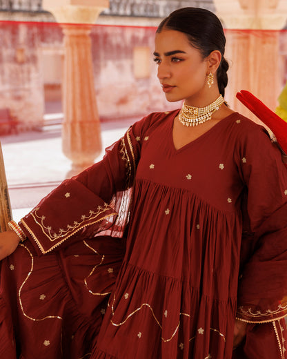 Maroon Tiered Anarkali With Aari Tari Embroidery