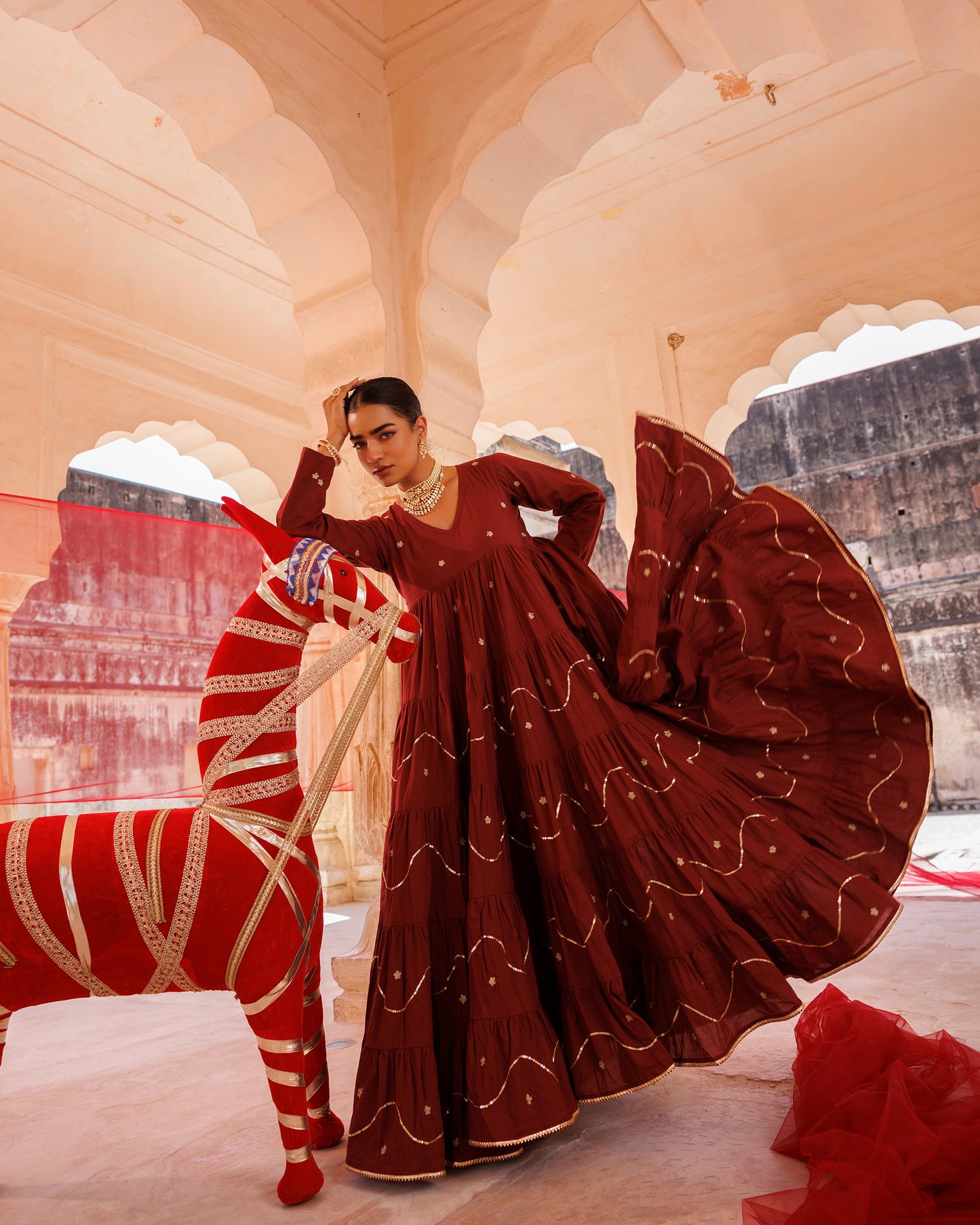 Maroon Tiered Anarkali With Aari Tari Embroidery