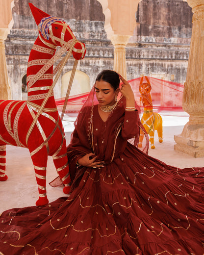 Maroon Tiered Anarkali With Aari Tari Embroidery