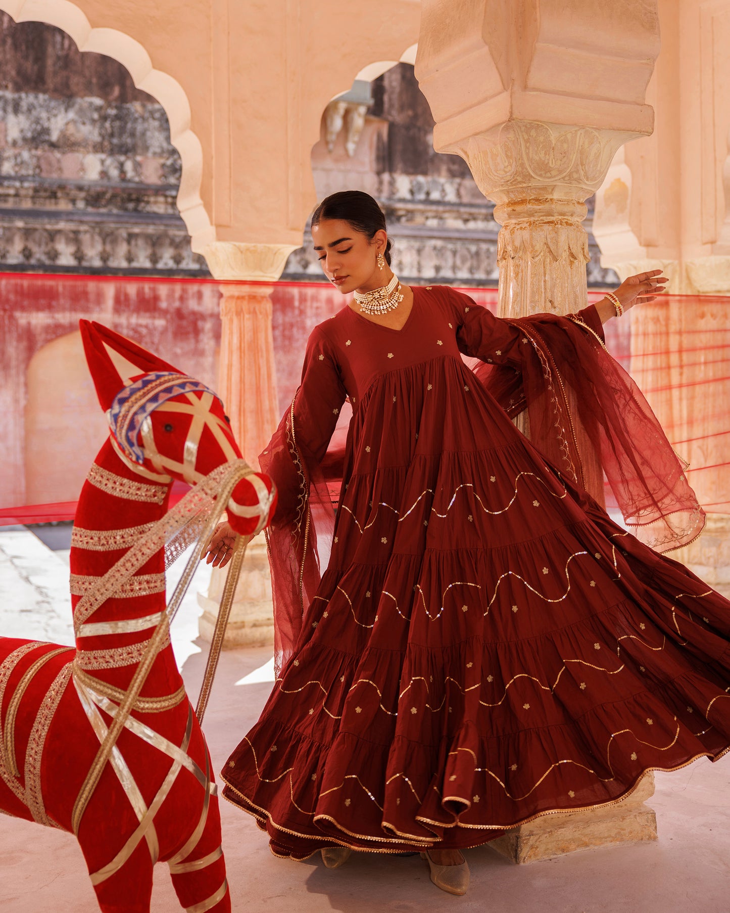 Maroon Tiered Anarkali With Aari Tari Embroidery