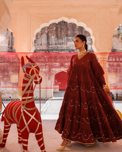 Maroon Tiered Anarkali With Aari Tari Embroidery