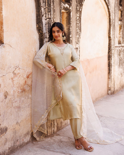 Pastel Green, Hand Embroidered Kurta Set