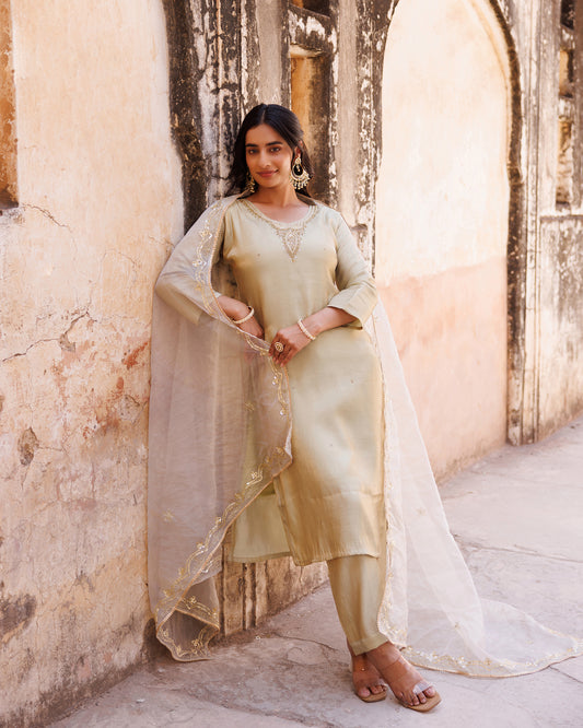 Pastel Green, Hand Embroidered Kurta Set