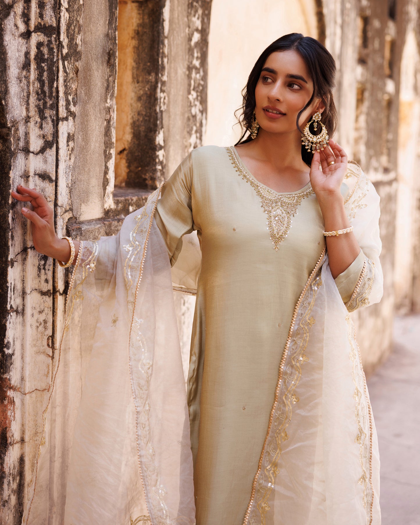 Pastel Green, Hand Embroidered Kurta Set